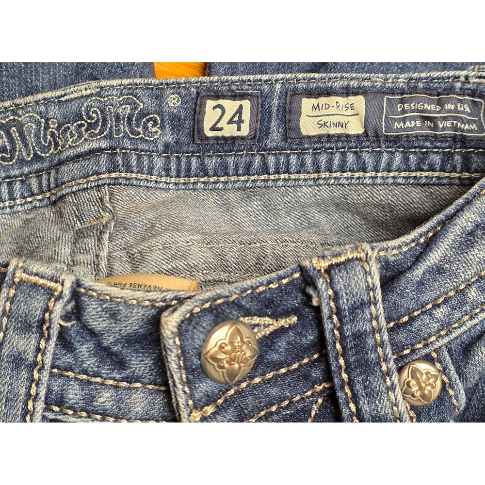 Miss Me Skinny Jeans Womens Mid Rise Embellished Blue 24 Excellent Western - Picture 6 of 12